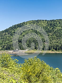 Forested mountains rise behind the Lookout Point Dam and reservoir near Lowell, Oregon, USA