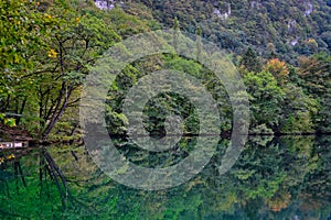 Forested shores of Blue Lake in the Cherek Gorge