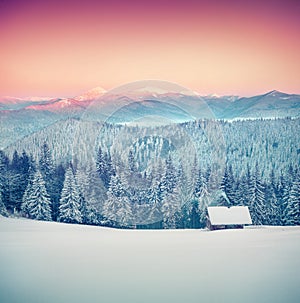 Forester's hut covered with snow in the mountains at sunrise.