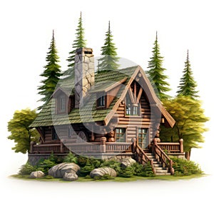 Foresters lodge isolated on white created with Generative AI. House in the forest.