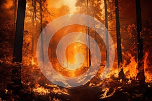 forestfire. Burning dry grass, trees and bushes in the foreground.