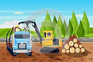 Forestry logging industry. Loading logs in truck, vector illustration. Industrial equipment for lumber trunks shipping