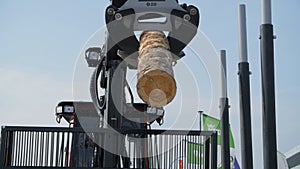 A forestry machine loads a log truck at the site landing. Forest machine down logs