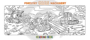 Forestry machinery cars with eyes coloring book