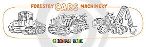 Forestry machinery. Skidding tractor, mulcher, harvester cars coloring book set