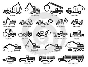 Forestry machinery vector icons set