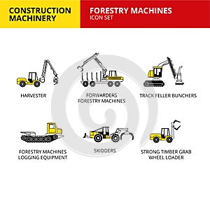 Forestry Machines machinery vehicle and transport car construction machinery icons set vector