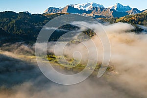 Forestry and rocky mountains surrounded by dense fog