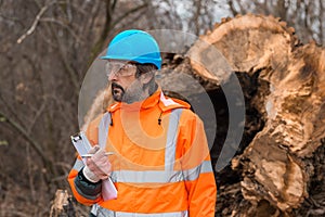 Forestry technician posing with clipboard notepad next to tree log