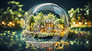 Forests and the city enclosed in a glass ball. Environmental Protection. Ecology. Generative AI