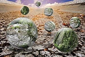 Forests and crystal ball waters are floating above arid land