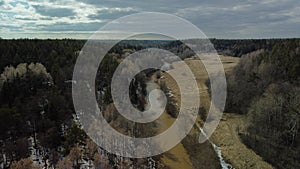 Forests, fields and a river. Drone photo.