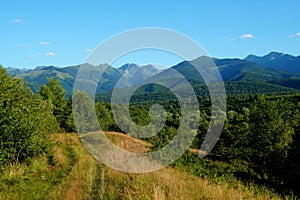 Forests, hills, and Fagaras mountains landscape in Transylvania, Romania