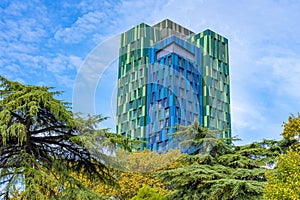 forever green tower seen from Skanderberg square in the center of the capital Tirana in Albania.