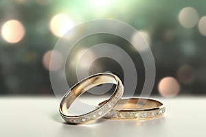 Forever United A Pair of Gold Wedding Rings with Bokeh Background. created with Generative AI