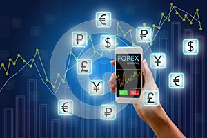 Forex concept, stock market, Woman holding smart phone and currency icon and chart background.