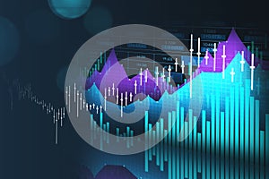 Forex financial rising graph and chart with candlesticks, bar diagrams