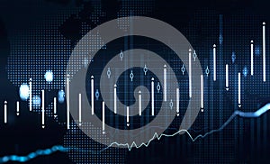 Forex financial rising graph and chart with numbers and candlesticks