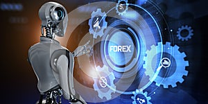 Forex robot trading automation concept. Robot pressing button on screen 3d render