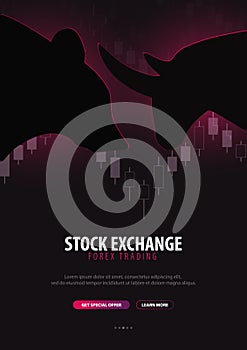 Forex. Stock exchange trading banner. The bulls and bears struggle. Vector illustration.