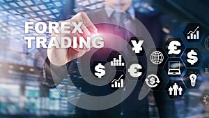 Forex trading currency exchange business finance diagrams dollar euro icons on blurred background.