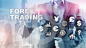 Forex trading currency exchange business finance diagrams dollar euro icons on blurred background.