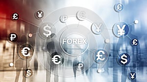 Forex trading currency exchange business finance diagrams dollar euro icons on blurred background.