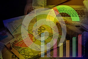 Forex trading. Double exposure of man with Ukrainian money and charts