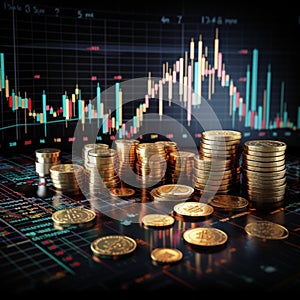 Forex trading dynamics illustrated with coins and market graph backdrop