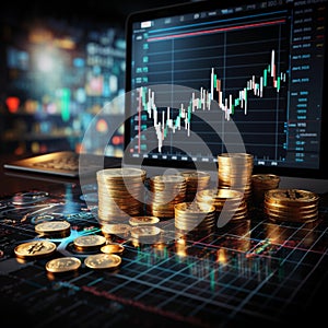 Forex trading dynamics illustrated with coins and market graph backdrop