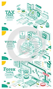 Forex Trading, Virtual Reality and Tax Free Concept in Isometric 3d Style