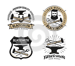 Forge, blacksmith logo or label. Blacksmithing set of emblems