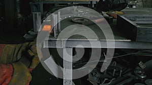 Forge workshop on table. Smithy manual production. Work on the product. Ruler, angle grinder. The blacksmith manufacture