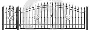 Forged decorative pedestrian and transportation mansion gate vintage entrance detail, isolated horizontal large detailed dark grey