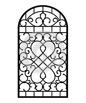 Forged fence. Gothic door, vector design. Decorative garden gate. Metal pattern or iron wicket for garden, castel. Rich ornament