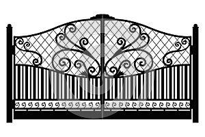 Forged gate. Architecture detail. Black forged iron gate with decorative lattice isolated on white background. Vector EPS10