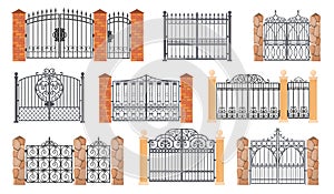 Forged gates. Wrought gate, cartoon ornamental metal enclosure for house park or garden manor entrance antique iron