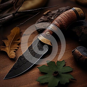 Forged Hunting Knife on Rustic weathered wood table illustration.