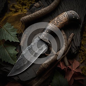 Forged Hunting Knife on Rustic weathered wood table illustration.