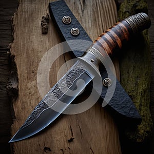 Forged Hunting Knife on Rustic weathered wood table illustration.