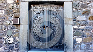 Forged iron lattices on windows framed by plant ornaments and geometric patte