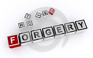 forgery word block on white