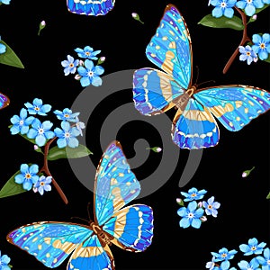 Forget-me-not flowers and butterflies. Floral seamless pattern with neon blue butterfly and Forget-me-not Flowers Myosotis on a