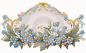 Forget-Me-Not flowers, decorative background with copy space illustrated vintage style. Generative AI