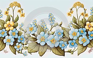 Forget-Me-Not flowers, decorative background with copy space illustrated vintage style. Generative AI