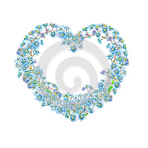 Forget-me-not flowers heart frame hand-drawn on white background. Tender watercolor illustration of flower heads