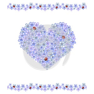 Forget-me-not flowers and ladybugs in heart shape