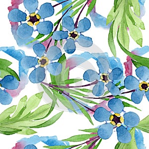 Forget me not and lily of the valley flowers. Watercolor background illustration set. Seamless background pattern.