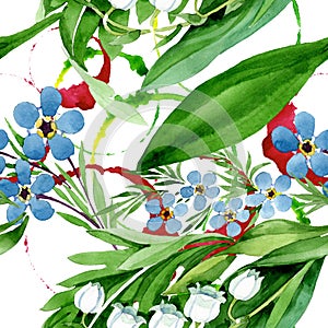 Forget me not and lily of the valley flowers. Watercolor background illustration set. Seamless background pattern.