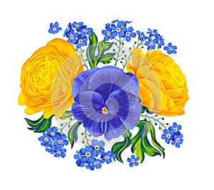 Vector floral composition with Buttercups, Ranunculus, Pansies, Violas, Forget-me-nots.